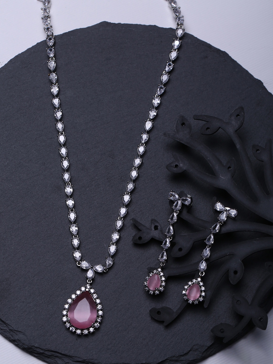 

justpeachy Rhodium-Plated AD-Studded Jewellery Set, Silver