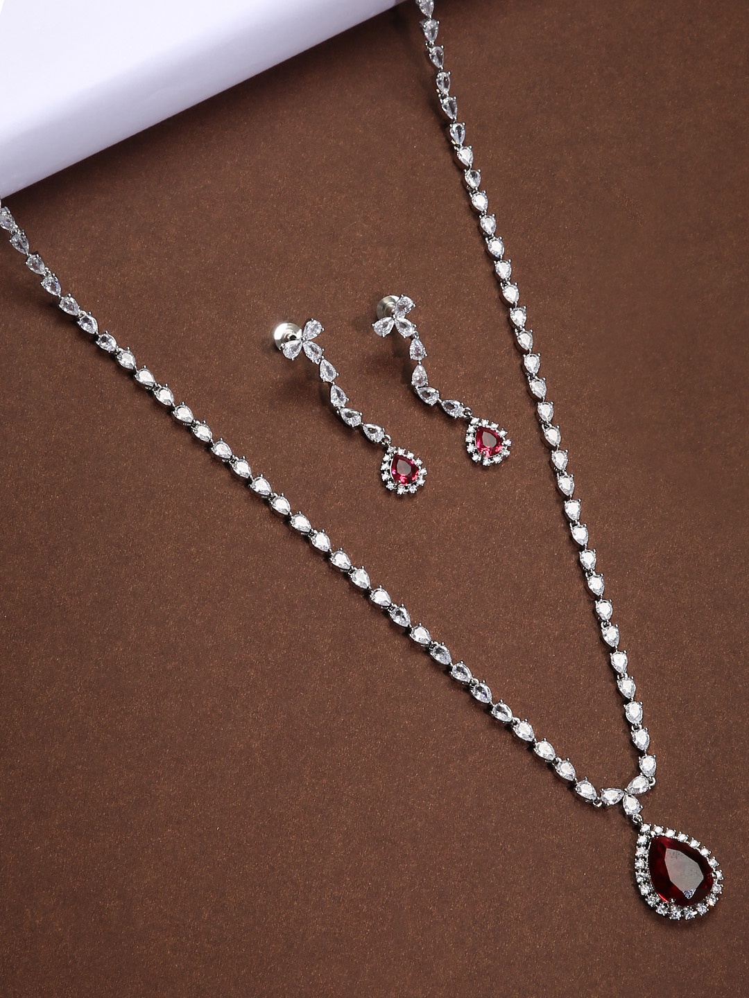 

justpeachy Rhodium-Plated American Diamond Stone-Studded Jewellery Set, Silver