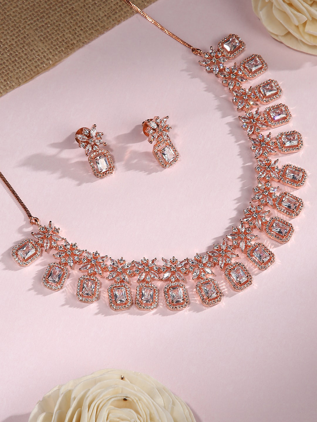 

justpeachy Rose Gold AD Studded Jewellery Set