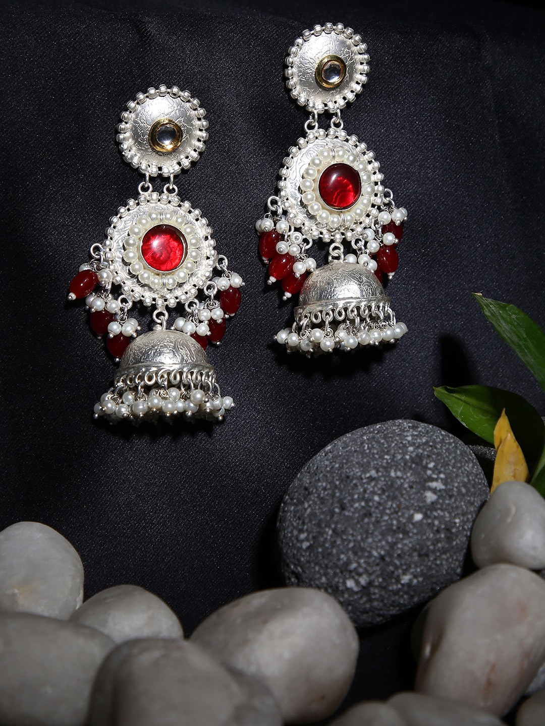 

justpeachy Silver Plated Dome Shaped Jhumkas Earrings, Red