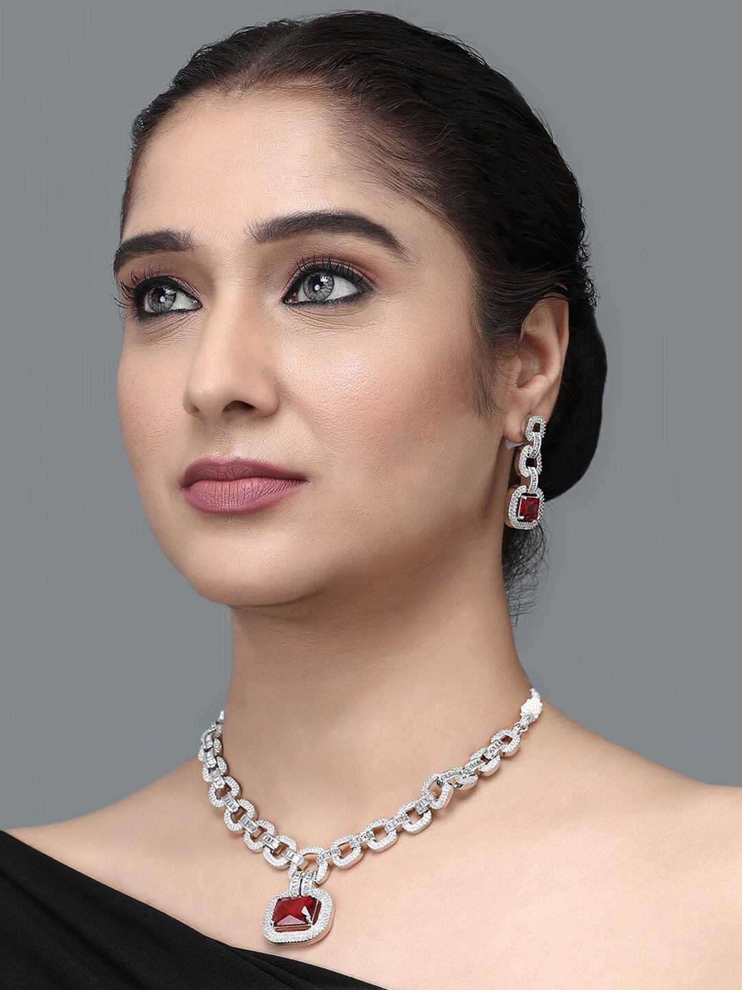 

justpeachy Rhodium-Plated AD-Studded Jewellery Set, Silver