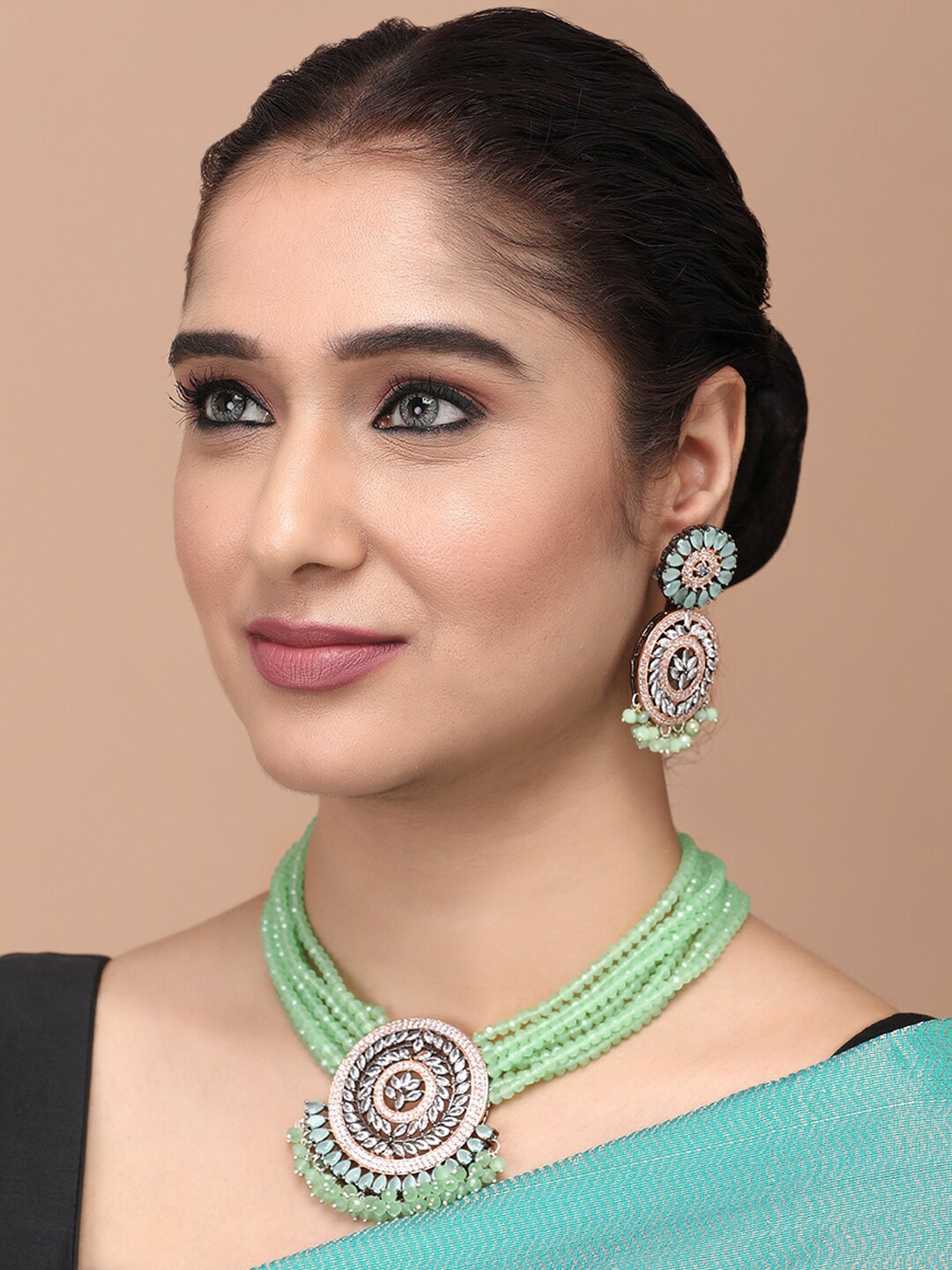 

justpeachy Rhodium-Plated AD Stone-Studded & Artificial Beaded Jewellery Set, Silver