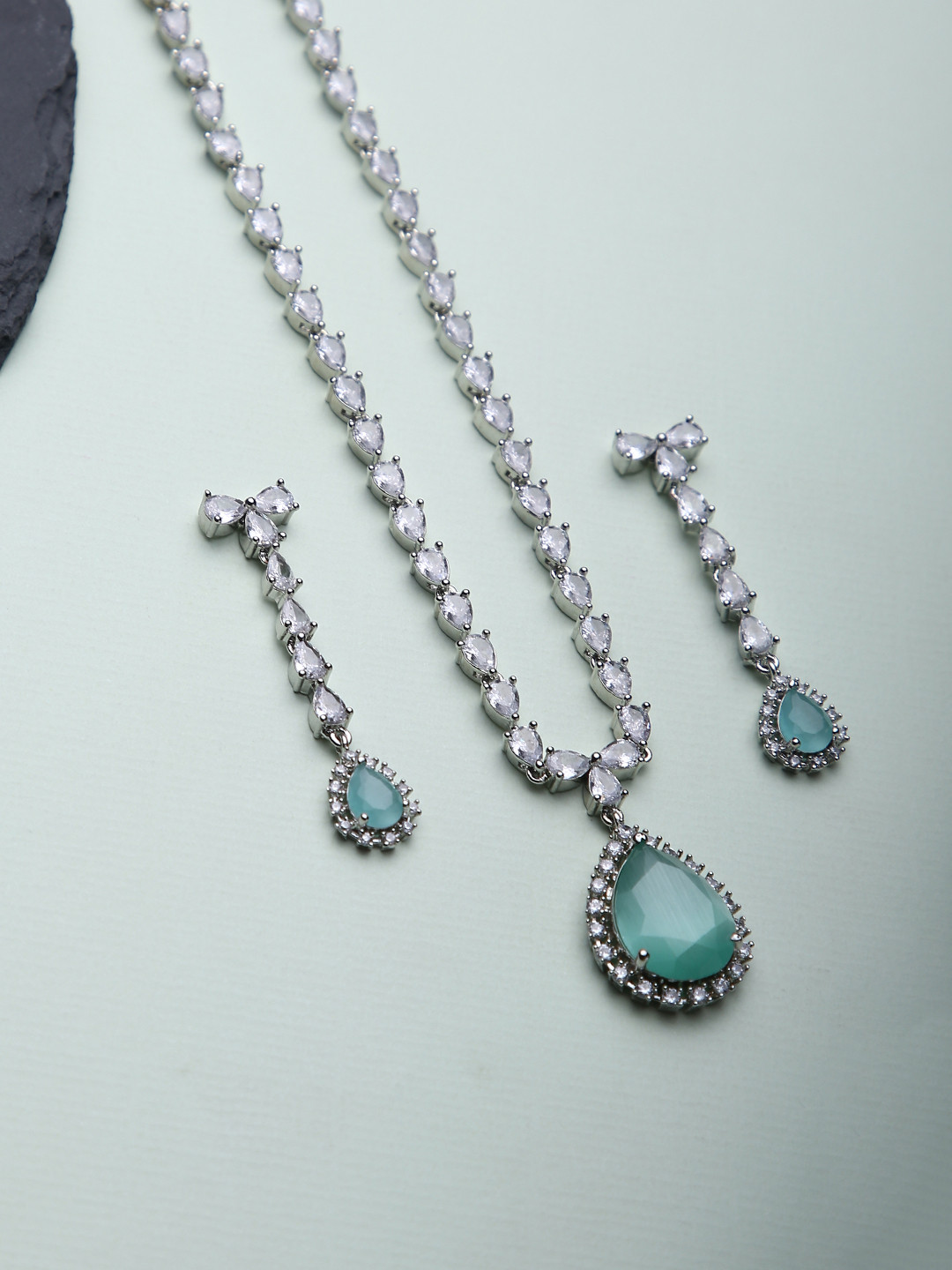 

justpeachy Rhodium-Plated AD-Studded Jewellery Set, Silver