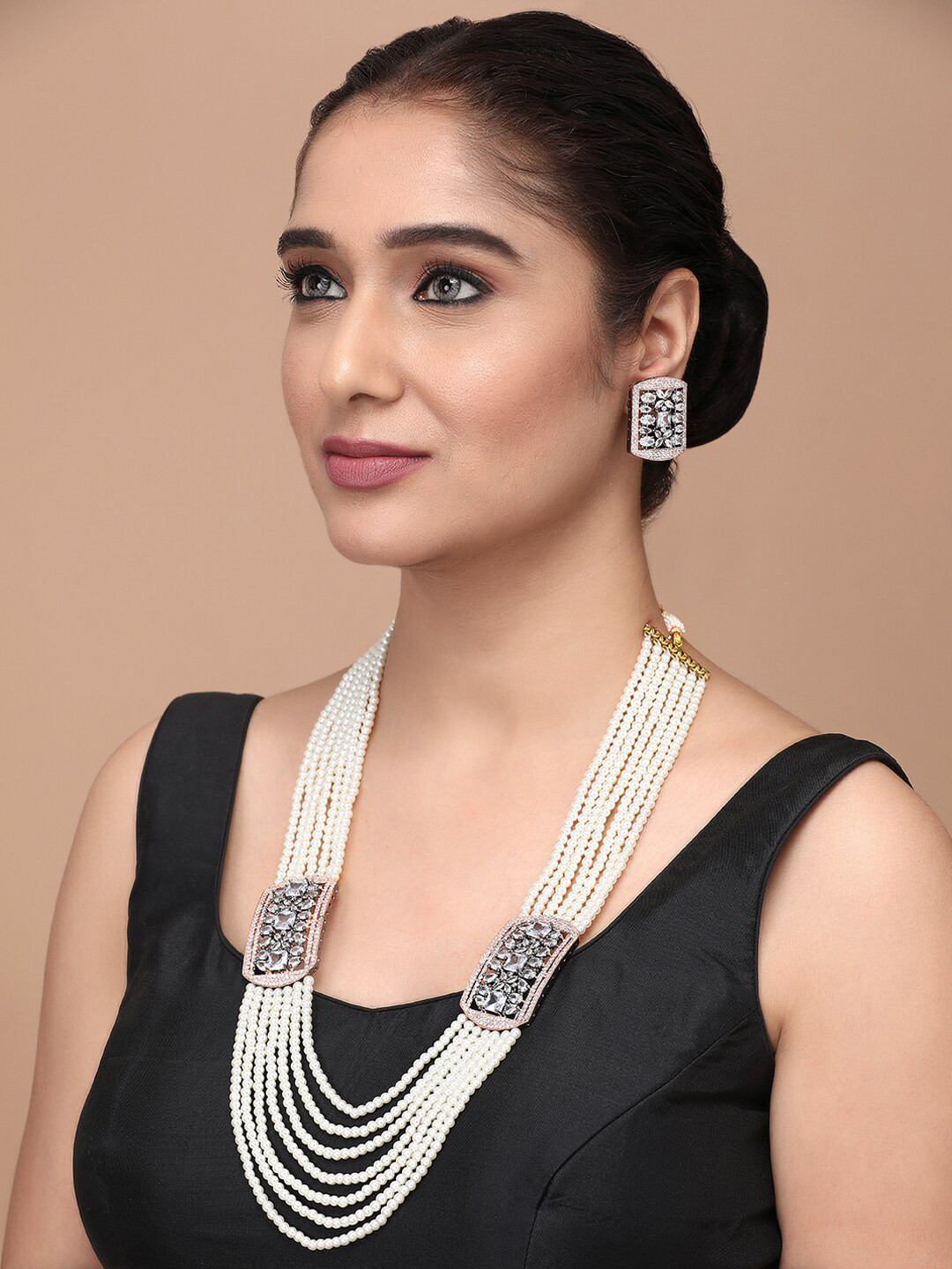 

justpeachy Gold-Plated American Diamond Studded & Beaded Jewellery Set