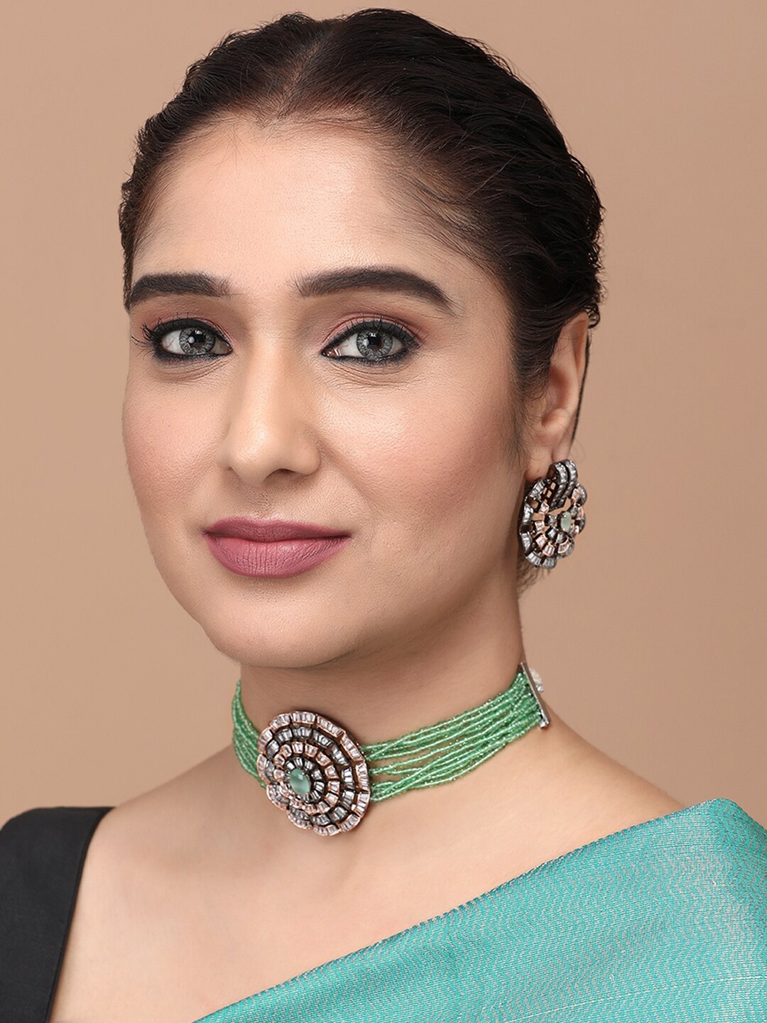 

justpeachy Rhodium-Plated AD Studded & Beaded Jewellery Set, Sea green