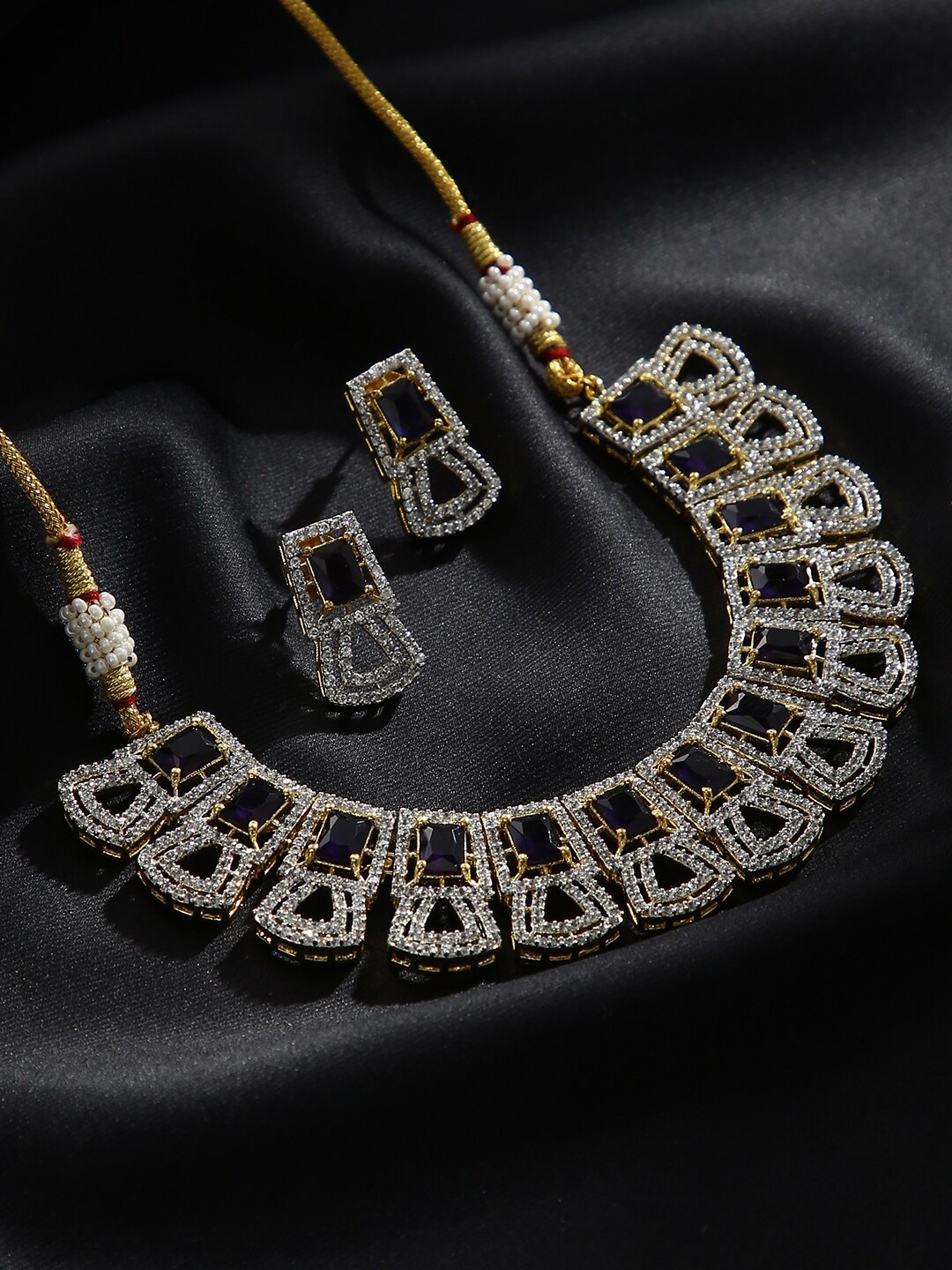 

justpeachy Gold-Plated Stone-Studded & Beaded Jewellery Set, Blue