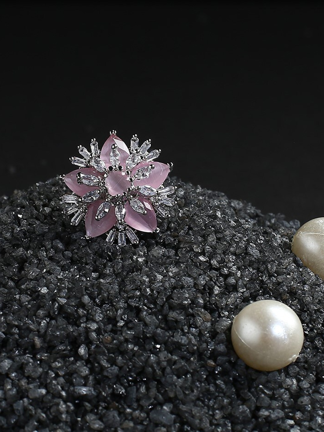 

justpeachy Rhodium-Plated AD-Studded Finger Ring, Pink