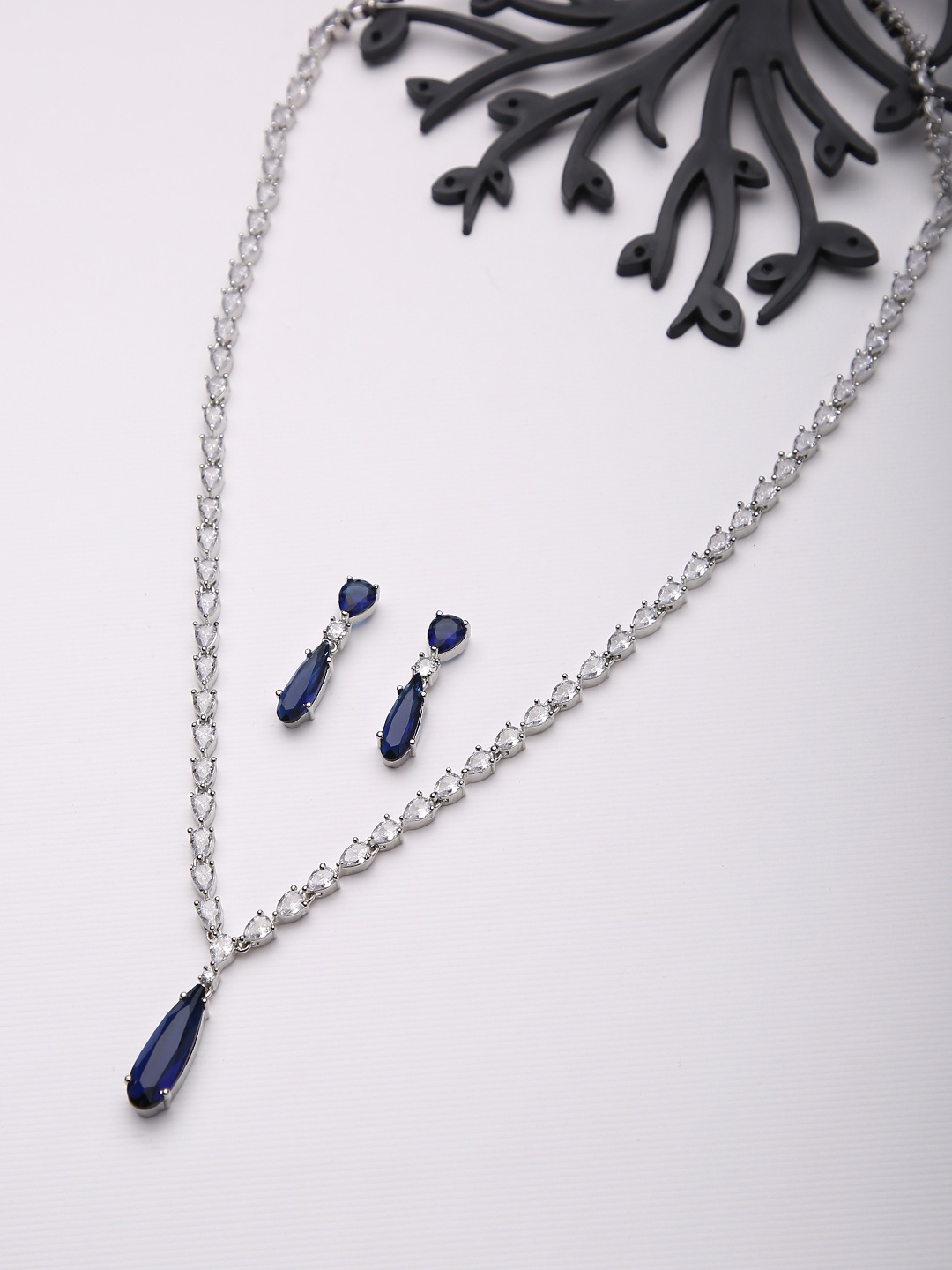 

justpeachy Rhodium-Plated AD Studded Jewellery Set, Blue