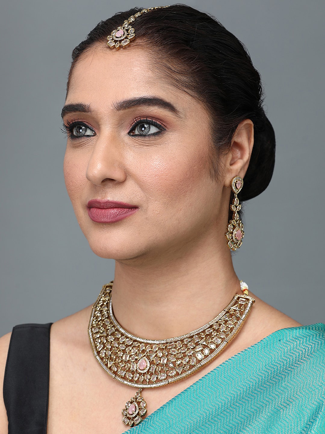 

justpeachy Gold-Plated AD-Studded Jewellery Set, Pink