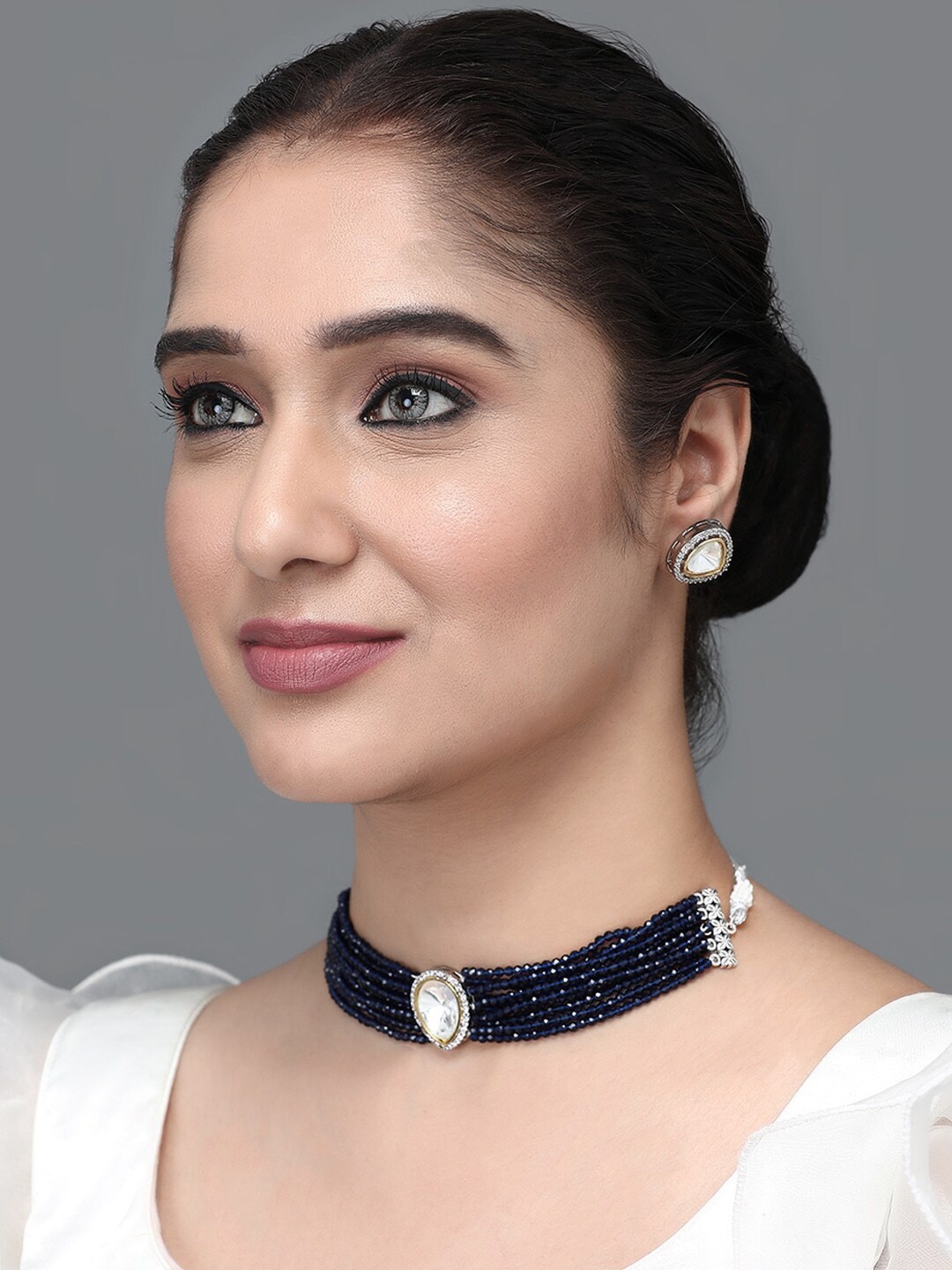 

justpeachy Rhodium-Plated & Kundan Stone-Studded Crystal-Beaded Choker Jewellery Set, Blue