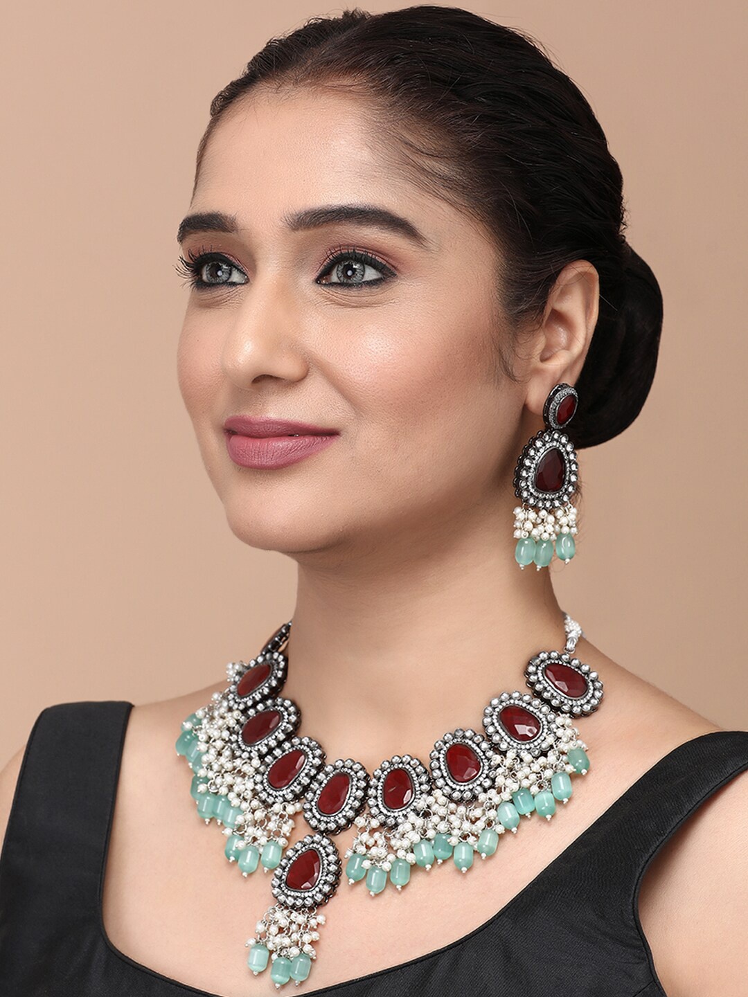 

justpeachy Rhodium-Plated Stone Studded & Beaded Jewellery Set, Red