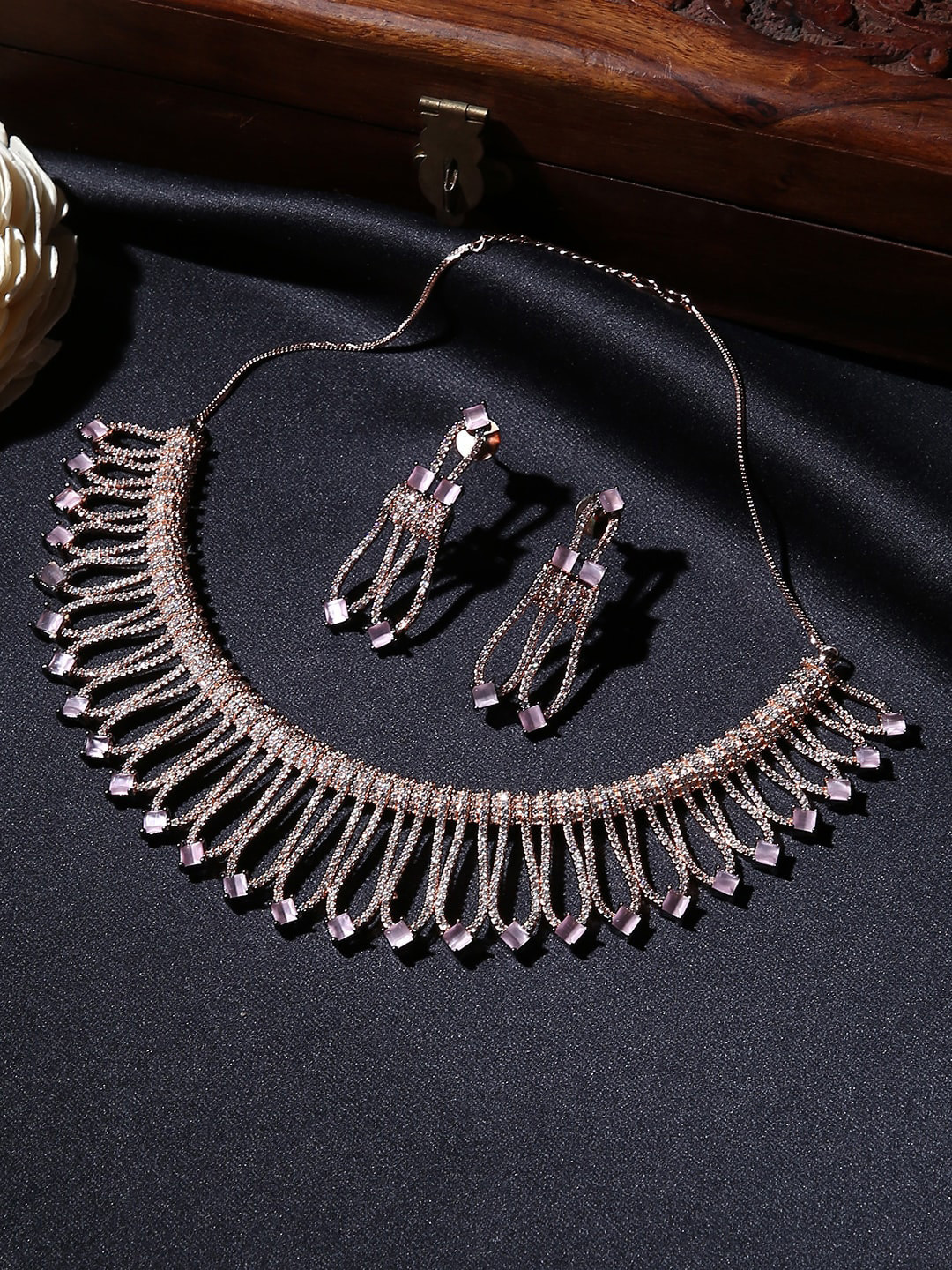 

justpeachy Rose Gold-Plated AD Stone-Studded Jewellery Set
