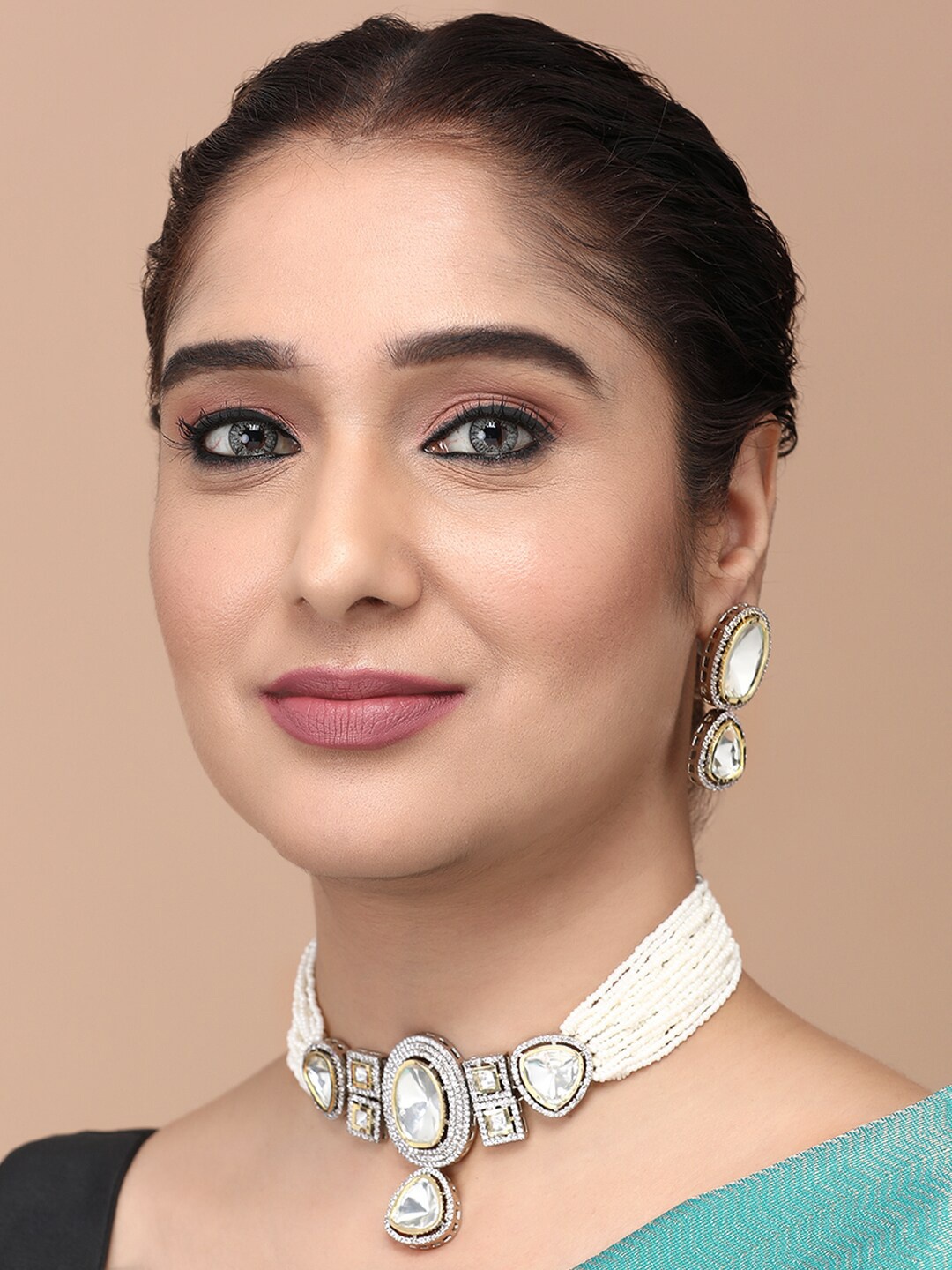 

justpeachy Rhodium-Plated Kundan Stone-Studded & Beaded Jewellery Set, Silver