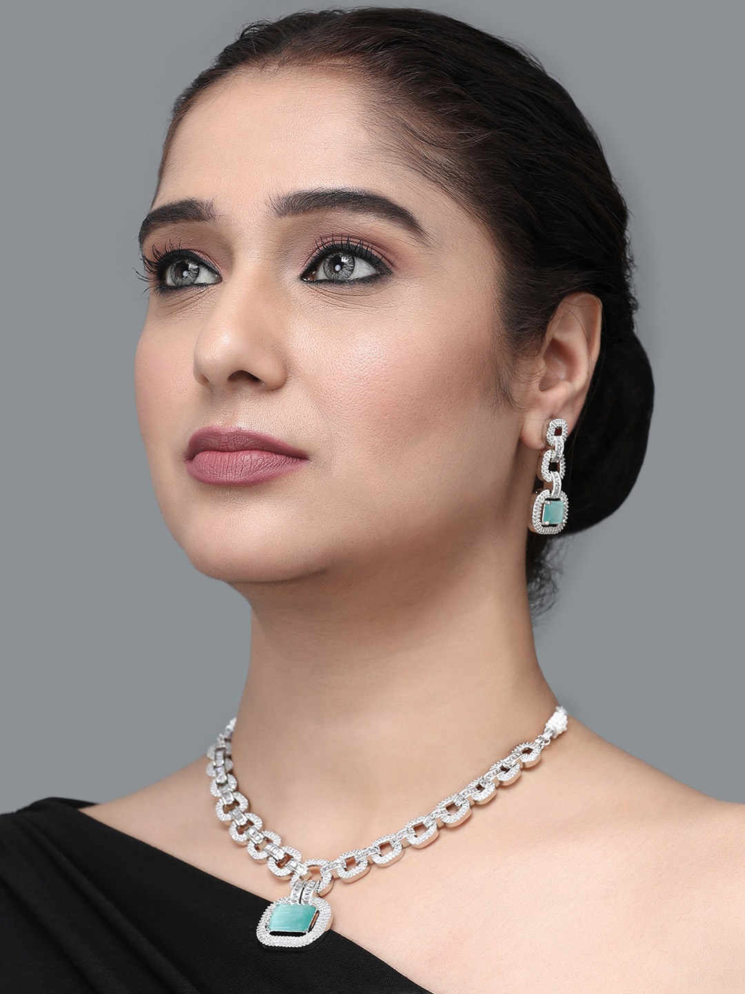 

justpeachy Rhodium-Plated AD-Studded Jewellery Set, Silver
