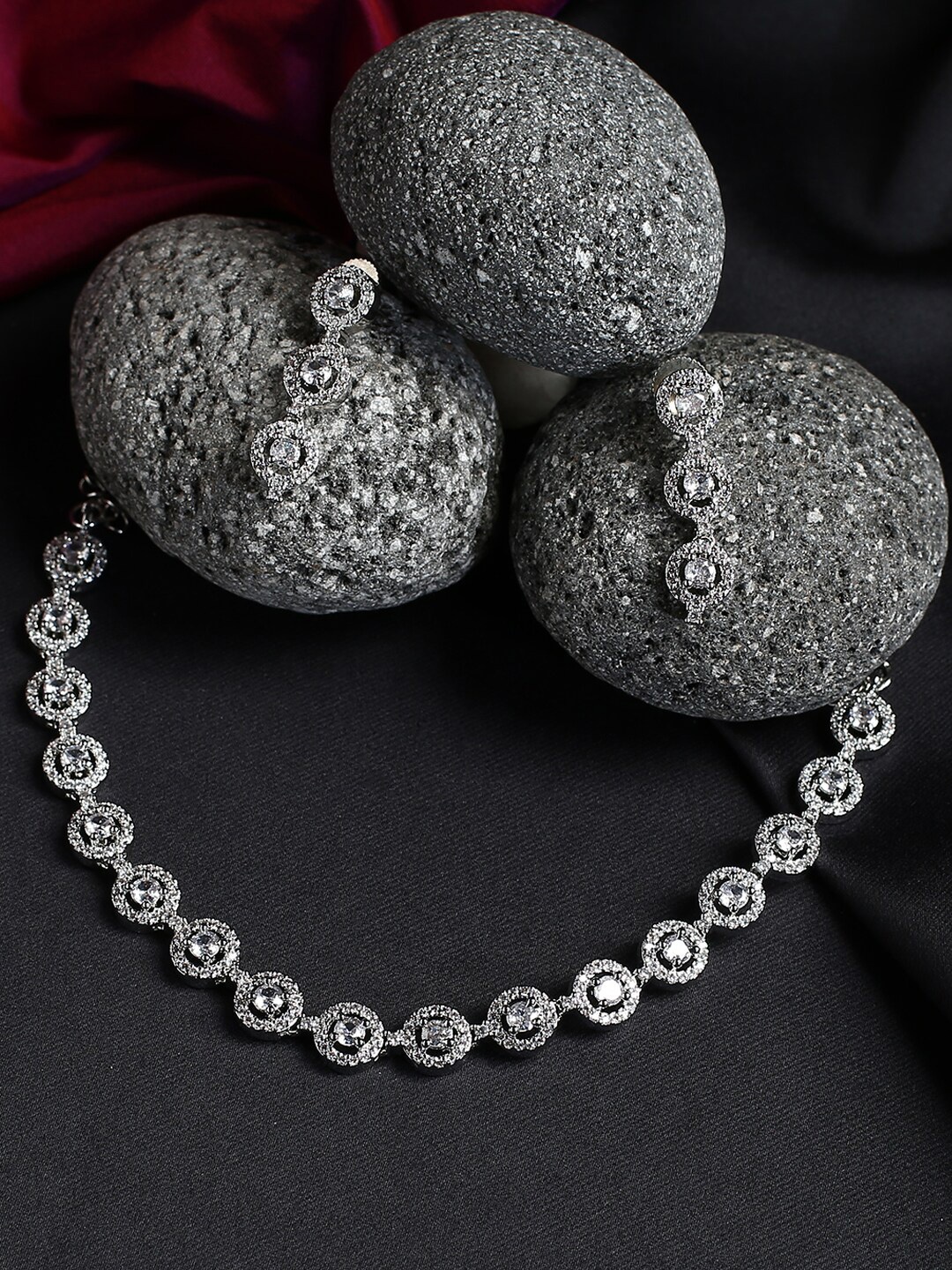 

justpeachy Rhodium-Plated AD-Studded Jewellery Set, Silver