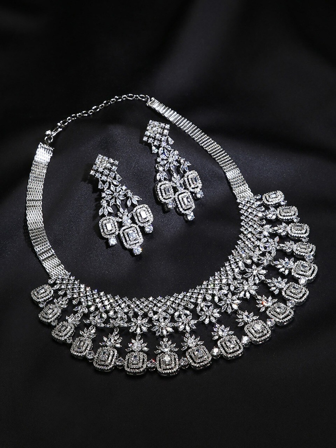 

justpeachy Rhodium-Plated AD Studded Jewellery Set, Silver