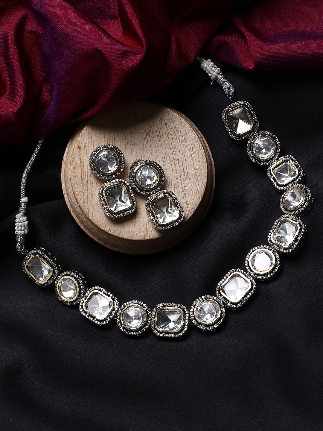 

justpeachy Rhodium Plated & Kundan Stone Studded Jewellery Set, Silver