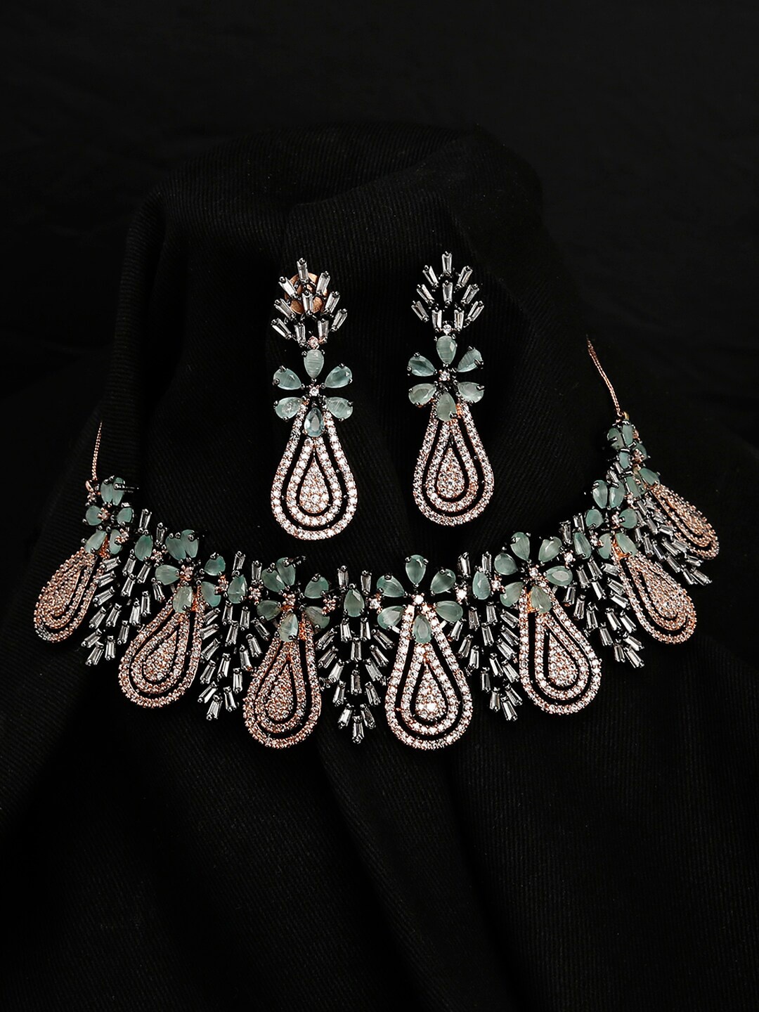 

justpeachy Rose Gold Plated AD Studded Jewellery Set
