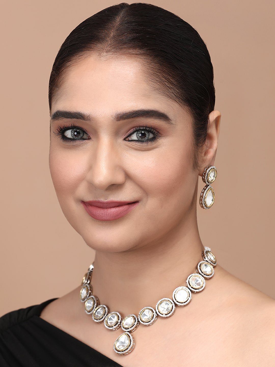

justpeachy Rhodium Plated Kundan Studded Jewellery Set, Silver