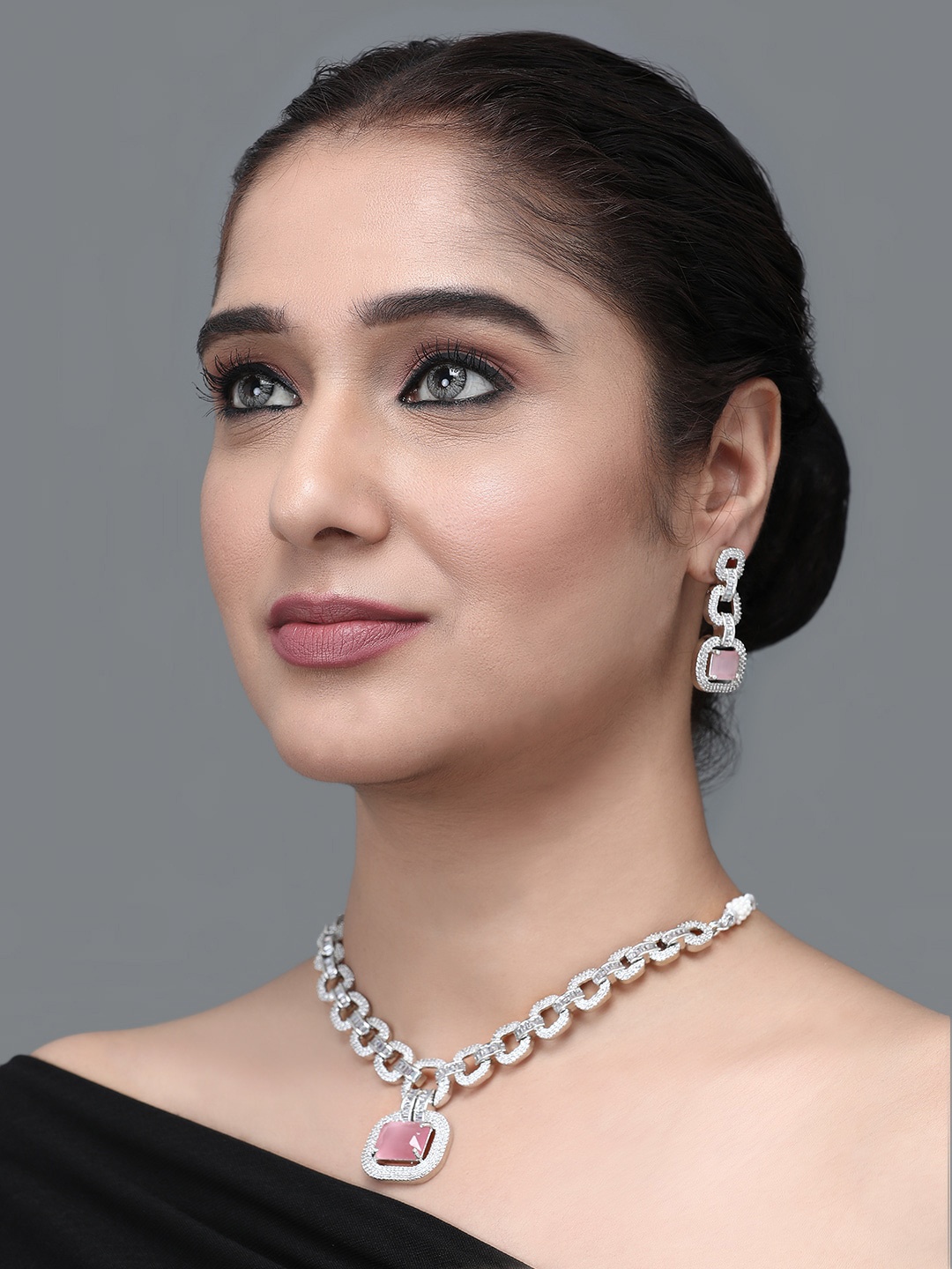 

justpeachy Rhodium Plated AD Studded Brass Jewellery Set, Silver