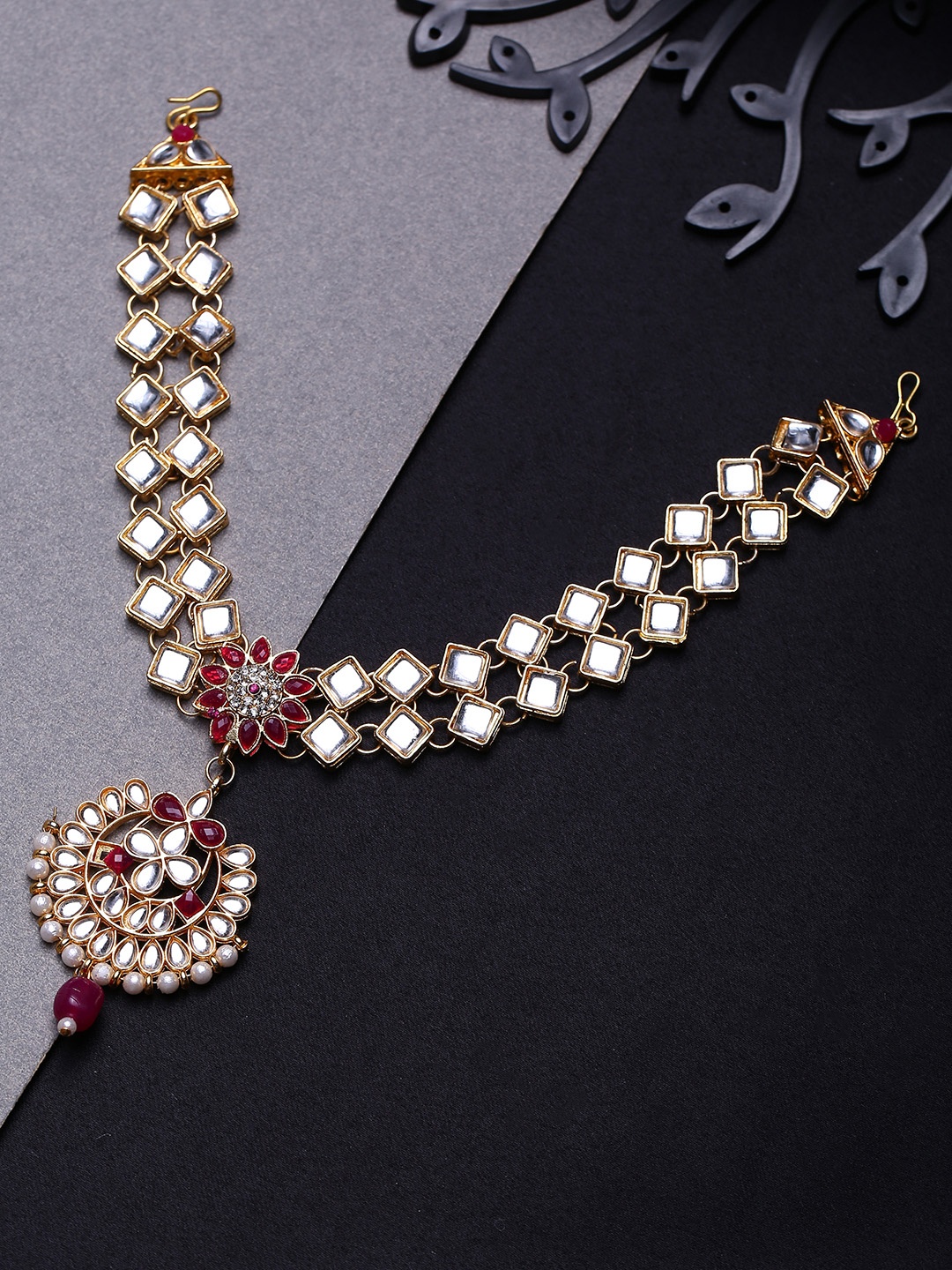 

justpeachy Gold Plated Kundan Stone Studded Pearl Beaded Matha Patti