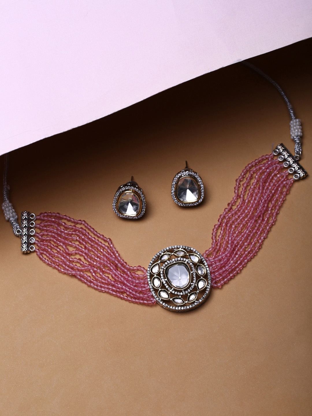 

justpeachy Rhodium Plated AD Studded & Pearl Beaded Jewellery Set, Silver