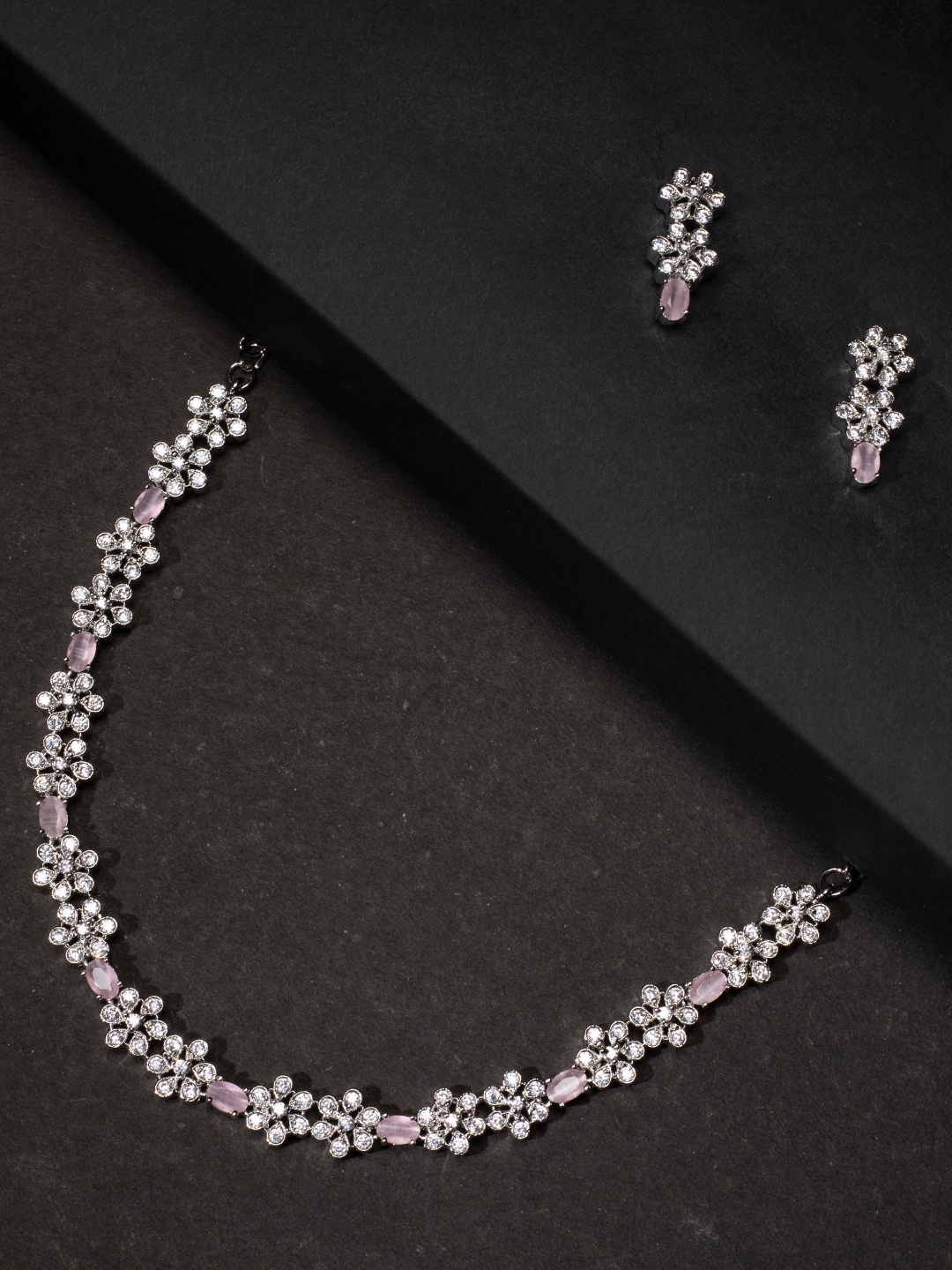 

justpeachy Silver Plated AD Stone Studded Jewellery Set