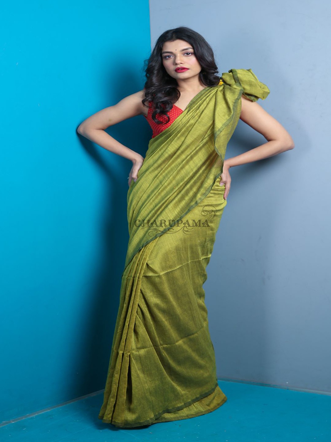 

HERE&NOW Olive Green Khadi Saree