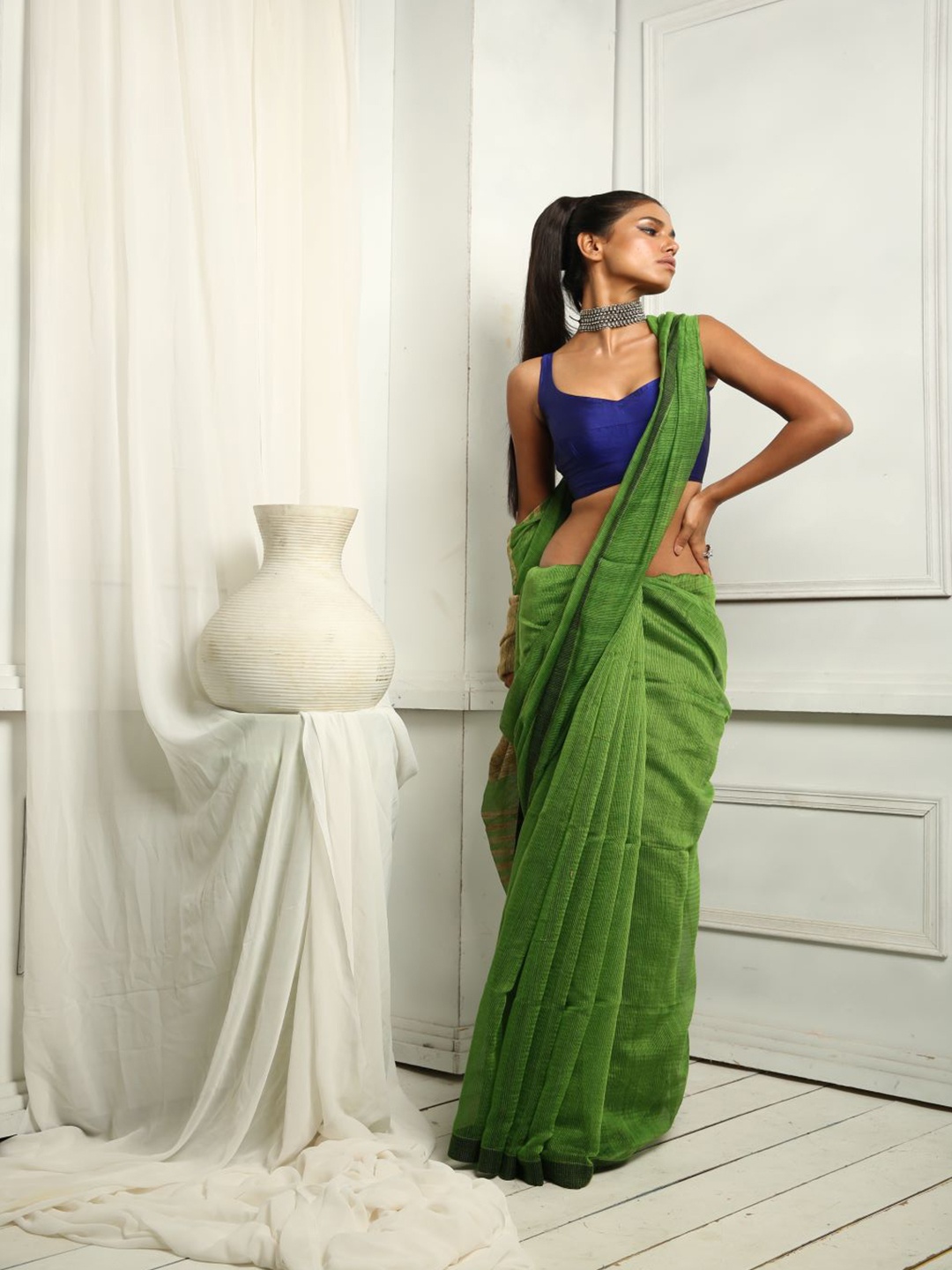 

HERE&NOW Polycotton Daily Wear Saree, Green