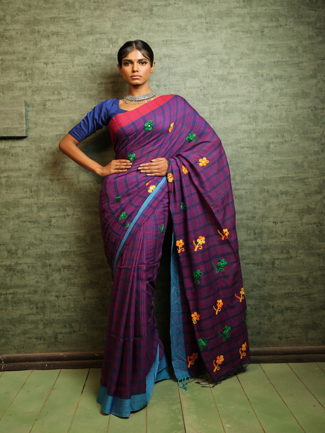 

HERE&NOW Violet & Green Floral Pure Cotton Khadi Saree