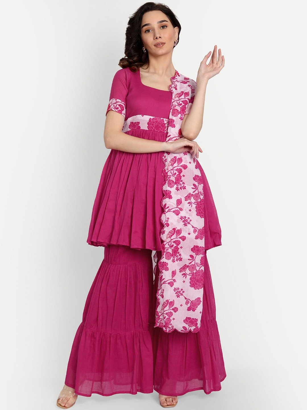 

KAPASRITI Women Empire Pure Cotton Kurti with Sharara & Dupatta, Pink