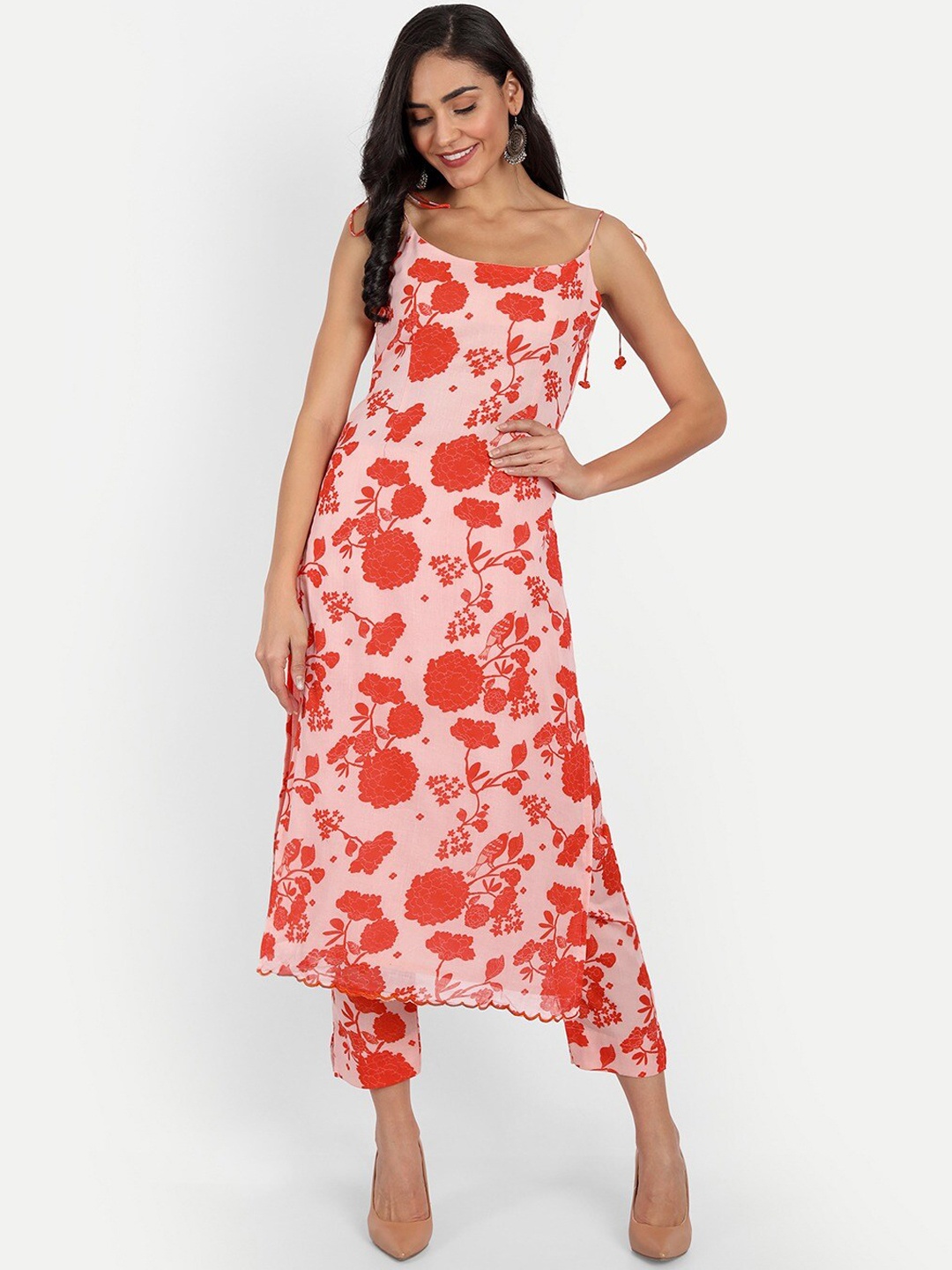 

KAPASRITI Women Floral Printed Pure Cotton Kurta with Trousers, Peach