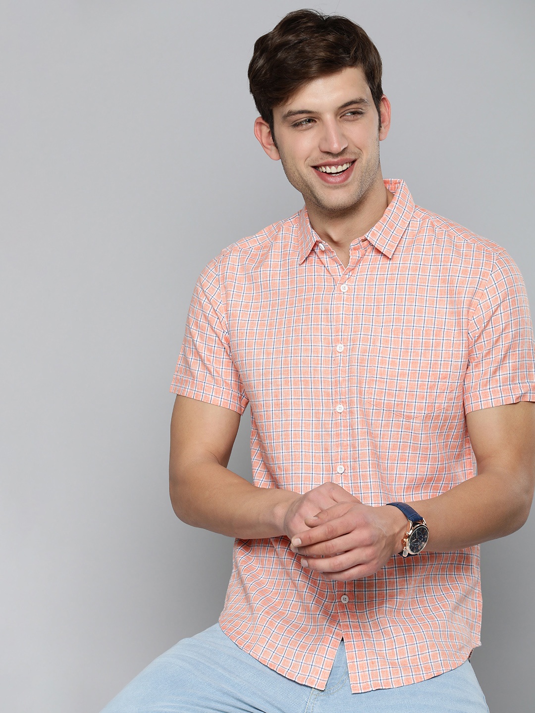 

HERE&NOW Men Slim Fit Gingham Checked Cotton Casual Shirt, Peach