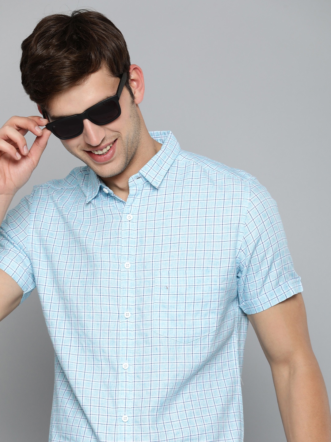 

HERE&NOW Men Slim Fit Gingham Checked Cotton Casual Shirt, Turquoise blue