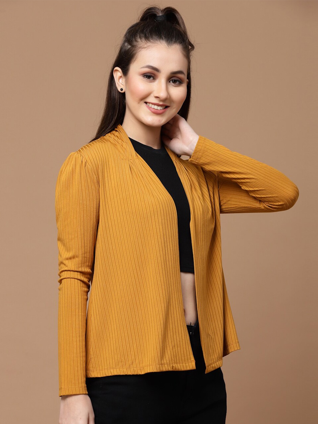 

KASSUALLY Women Striped Front Open Shrug, Mustard