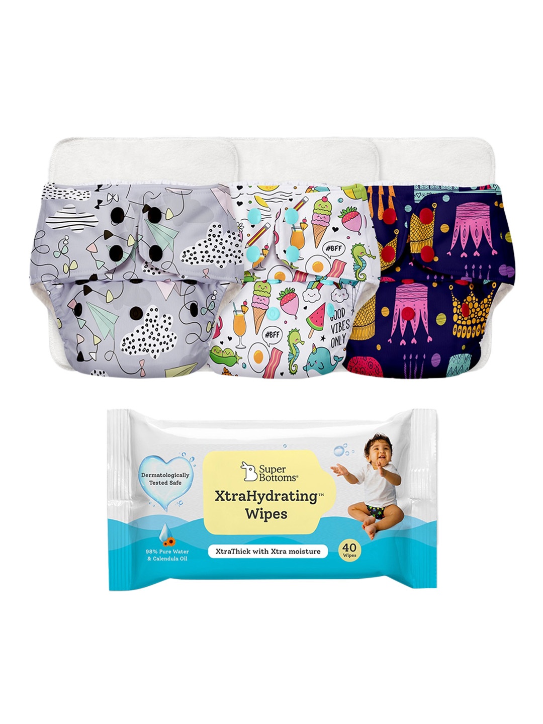 

SuperBottoms Kids Set Of 3 Diaper & Xtra Hydrating Wipes, Purple