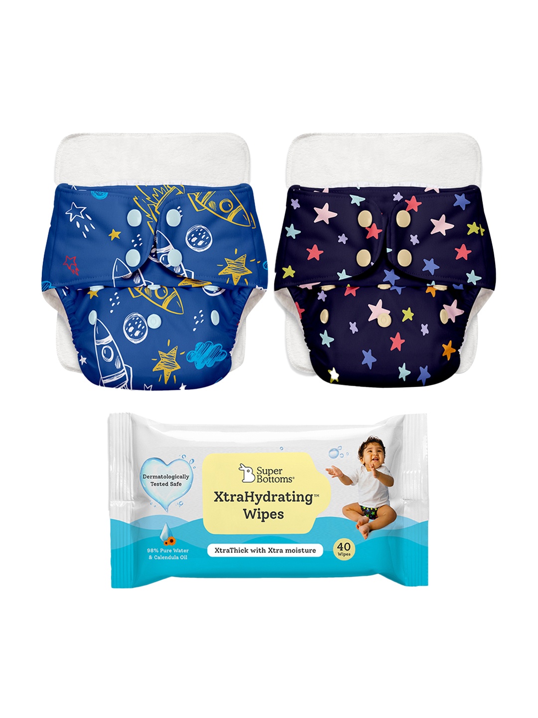 

SuperBottoms Kids Set of 83 Xtrahydrating Wipes-Dry Feel Soaker Pads & Printed Cloth Diapers, Blue