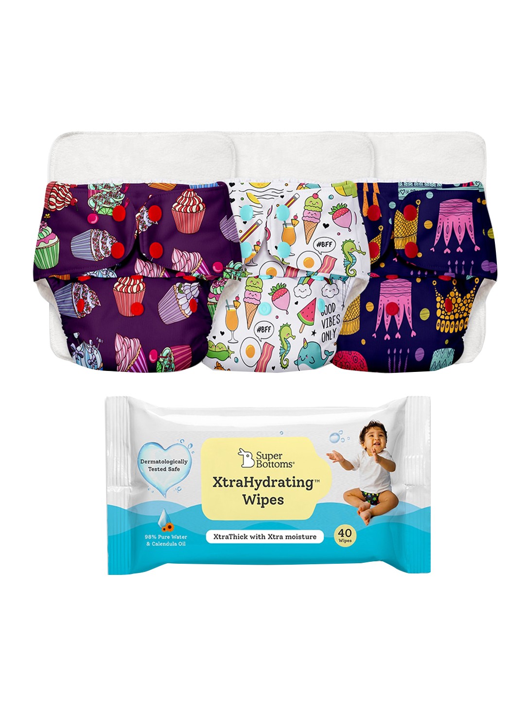 

SuperBottoms Kids Set Of 3 Diaper & Xtra Hydrating Wet Wipes, Purple