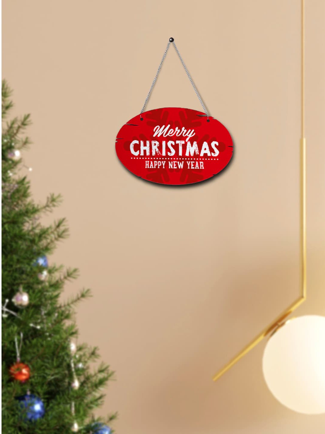 

Crazy Corner Red & White Printed Merry Christmas Happy New Year Wooden Wall Hanging