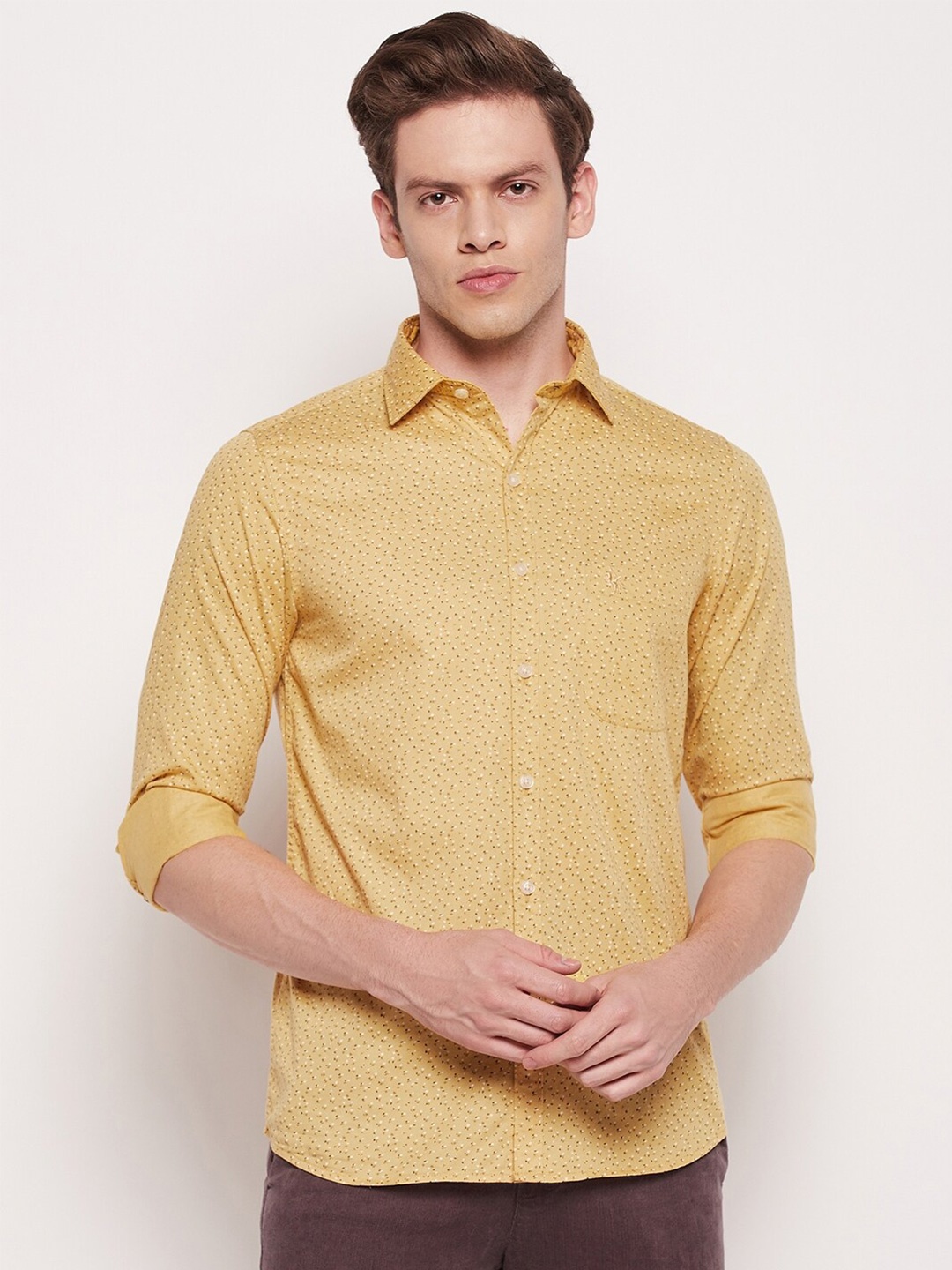 

Cantabil Men Printed Cotton Regular Fit Casual Shirt, Yellow
