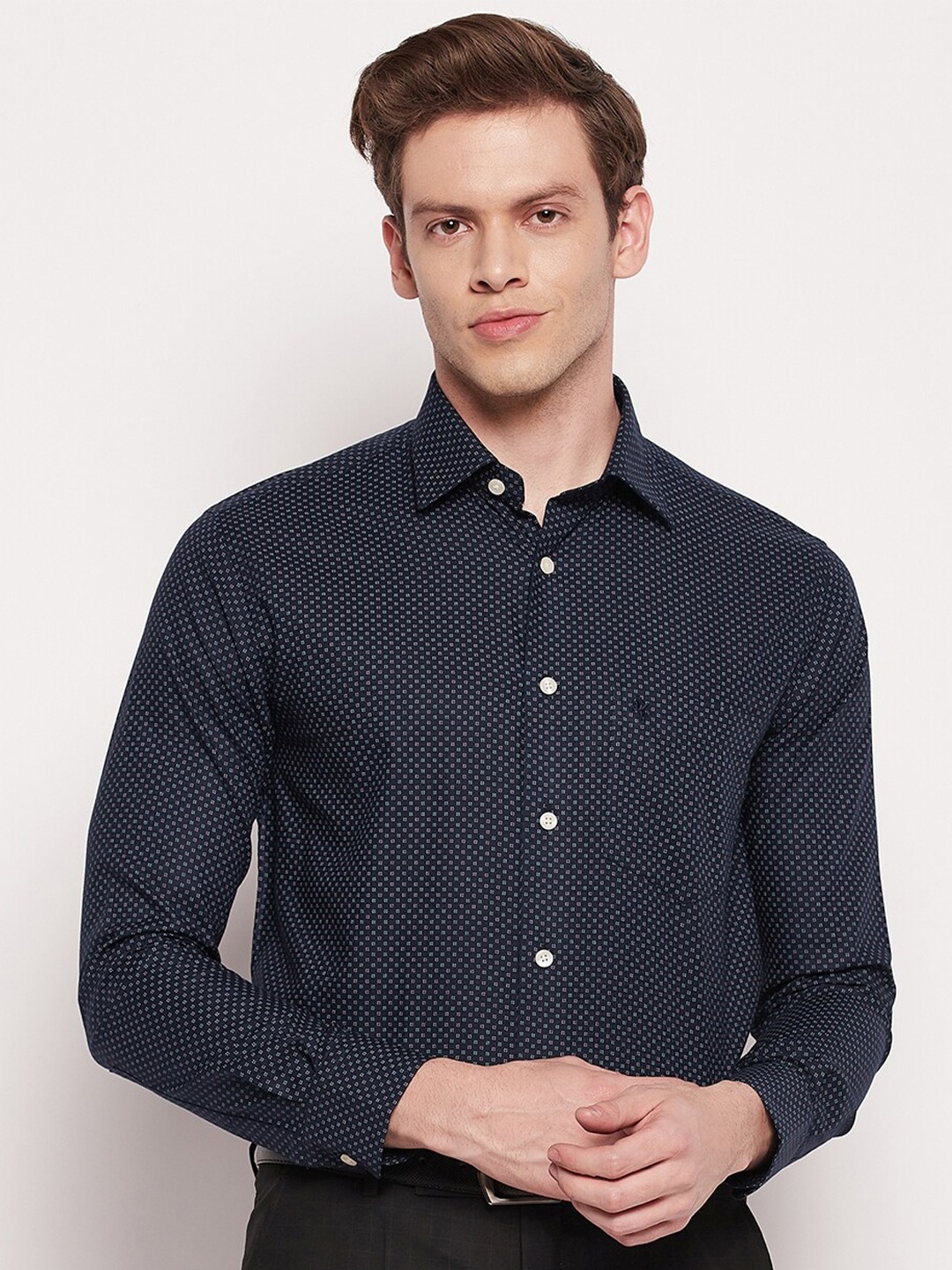 

Cantabil Men Comfort Printed Formal Shirt, Navy blue