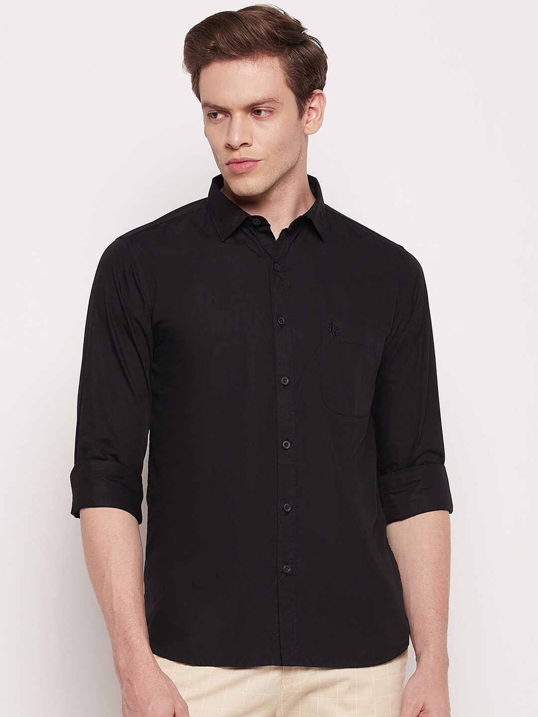 

Cantabil Men Solid Cotton Regular Fit Casual Shirt, Black
