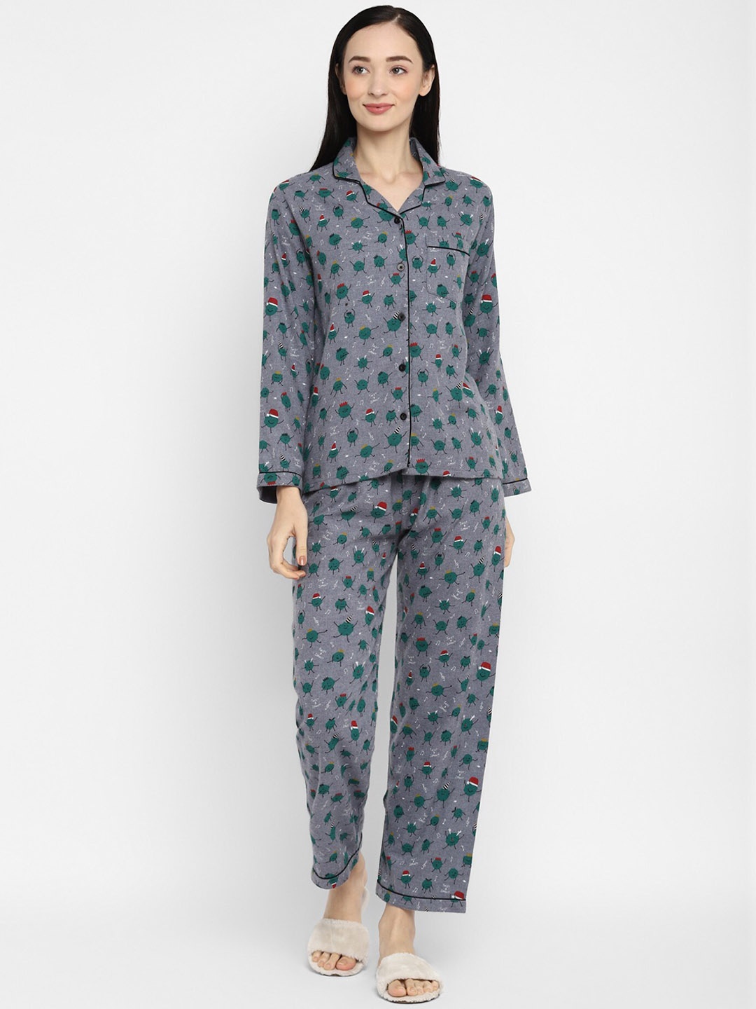 

shopbloom Graphic Printed Night suit, Grey
