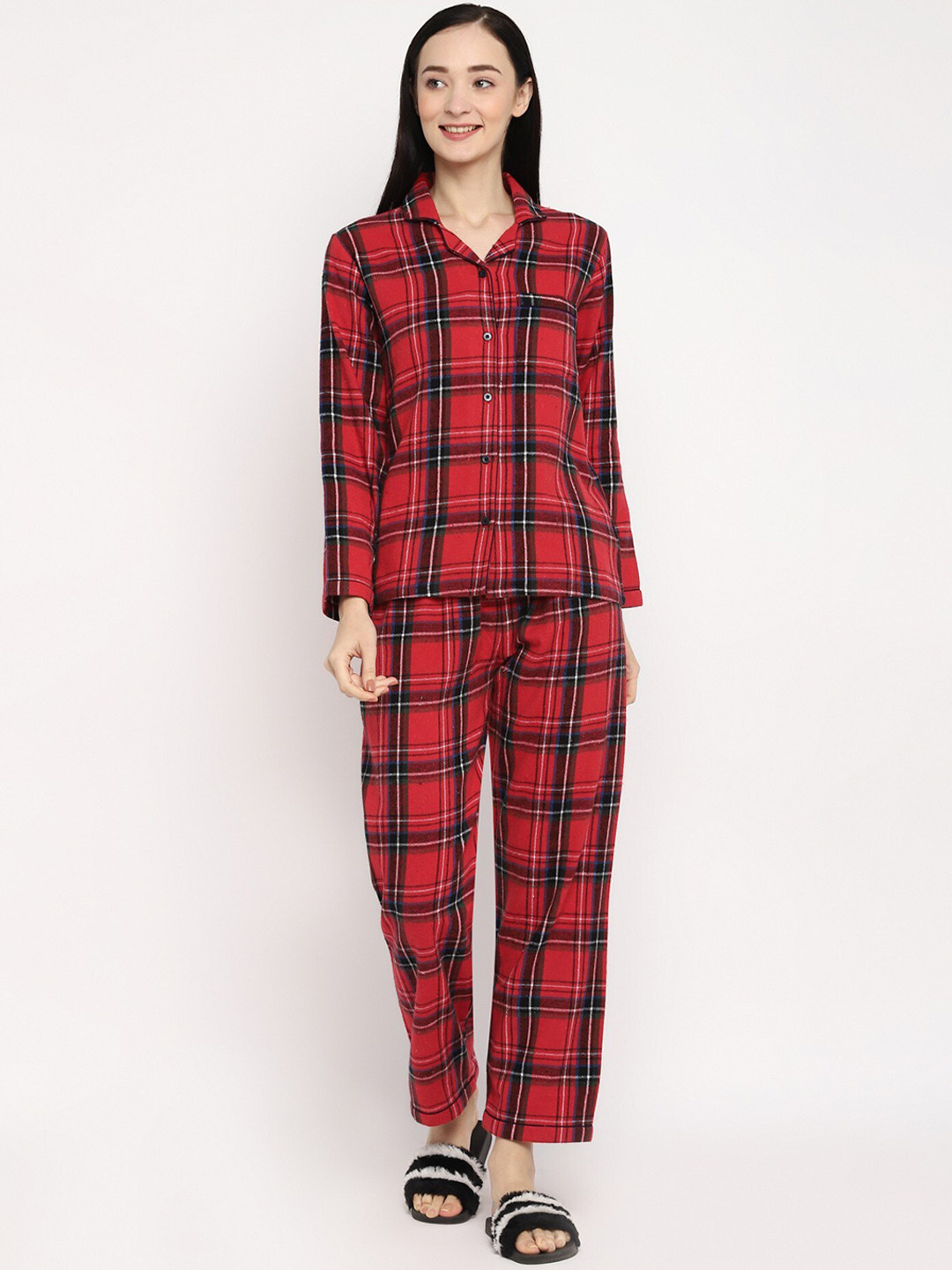 

shopbloom Checked Printed Night suit, Red