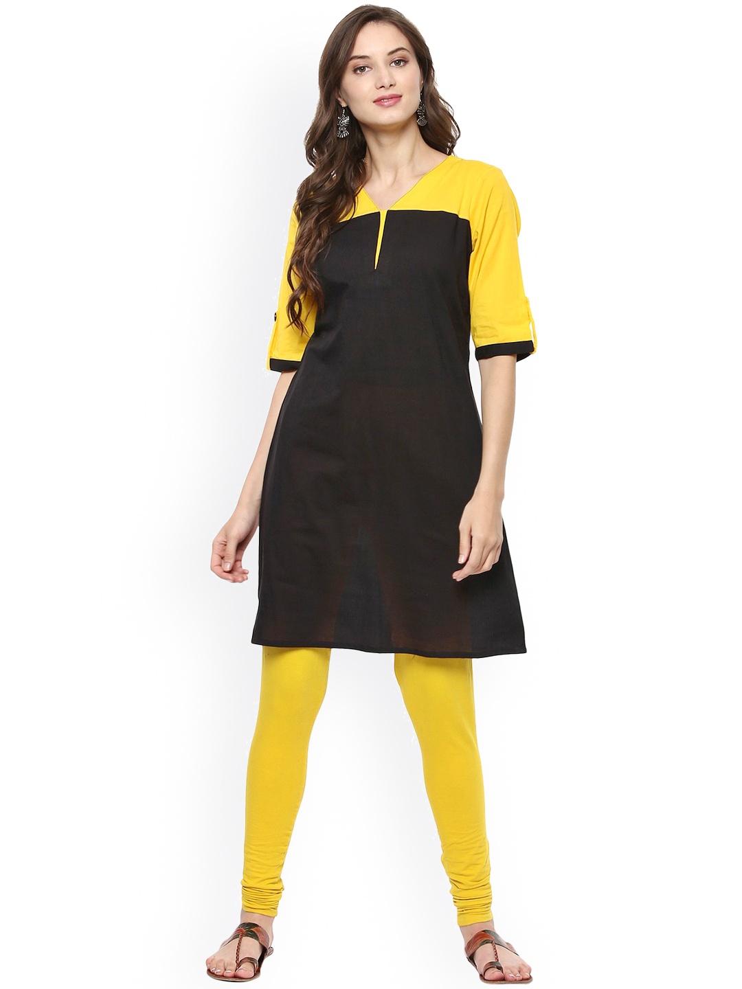 

Pannkh Women Black & Yellow Colourblocked A-Line Kurta
