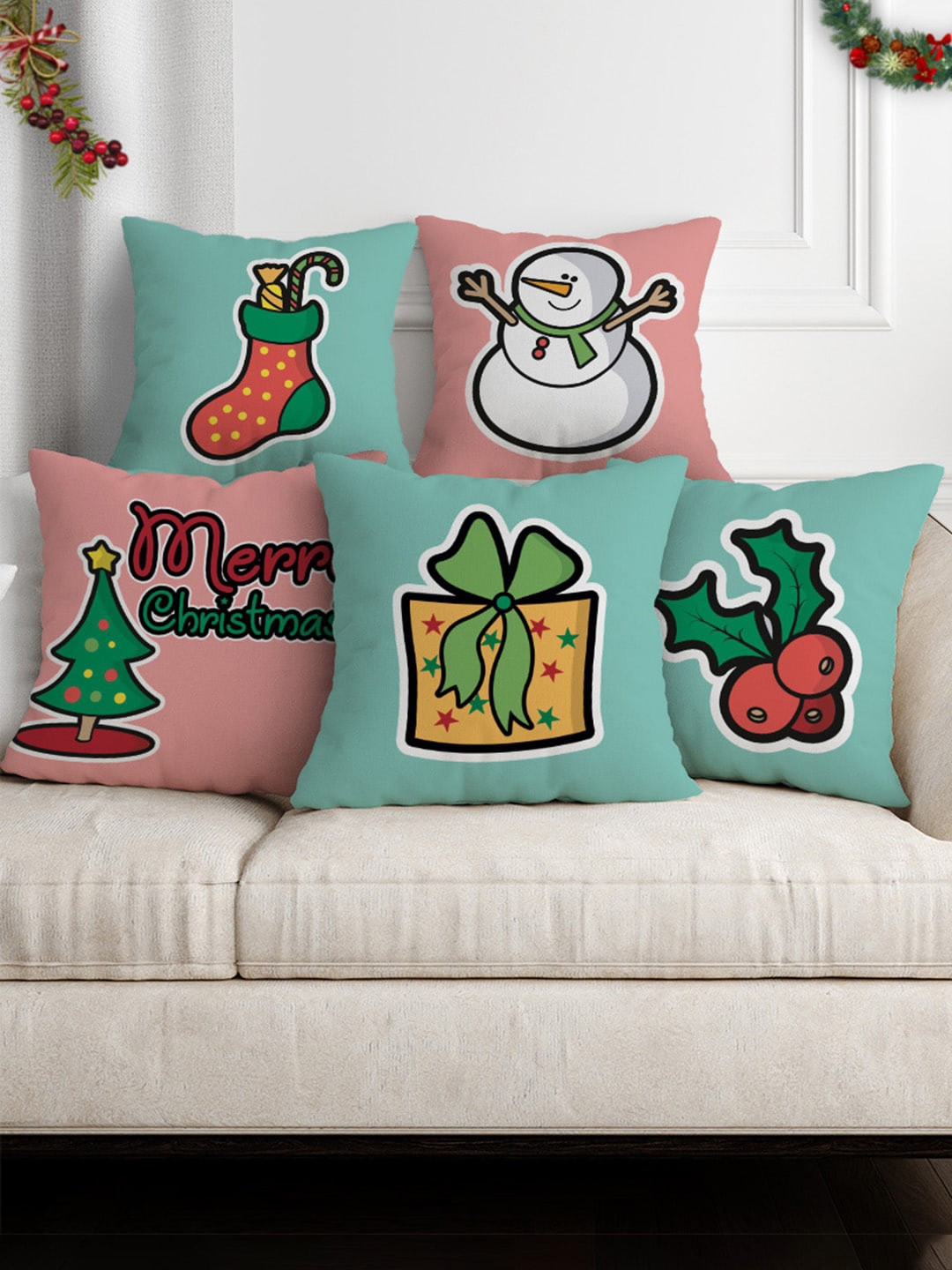 

Crazy Corner Green & Pink Set of 5 Satin Square Cushion Covers