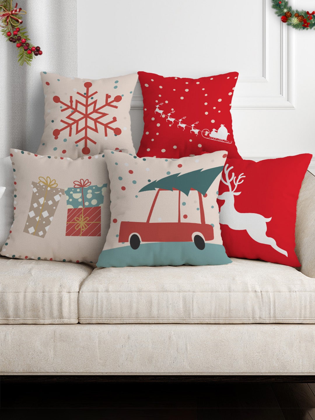 

Crazy Corner Cream-Coloured & Red Set of 5 Ethnic Motifs Satin Square Cushion Covers