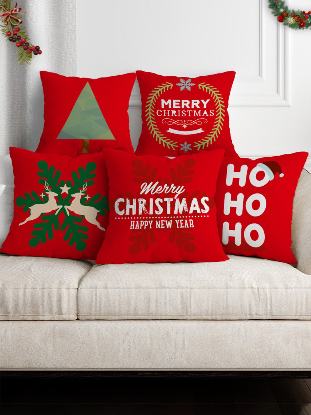 

Crazy Corner Red & White Set of 5 Satin Square Cushion Covers