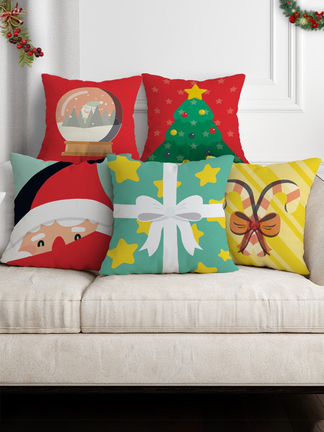 

Crazy Corner Yellow & Red Set of 5 Satin Square Cushion Covers