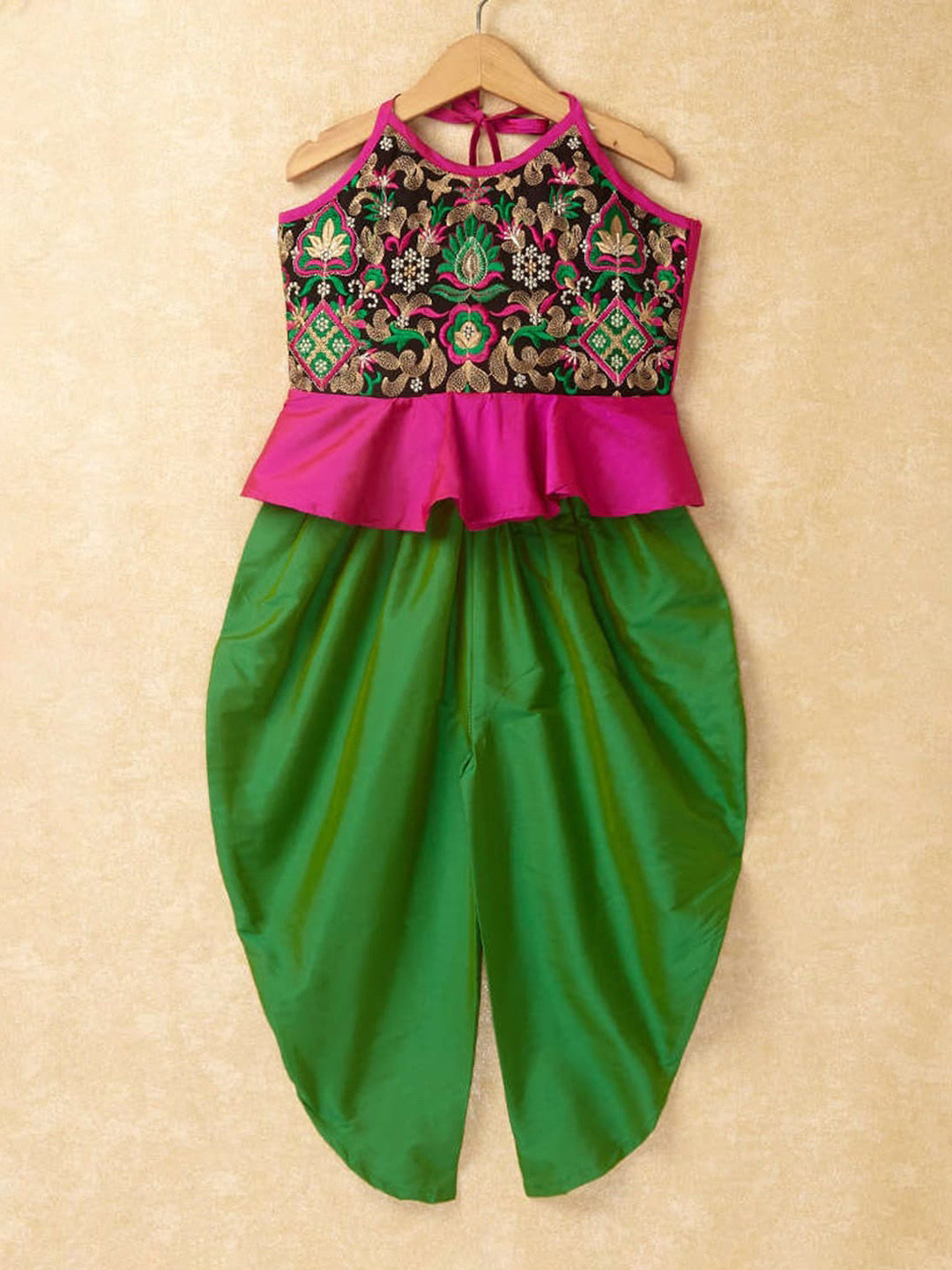 

The Magic Wand Girls Floral Embroidered Thread Work Top With Dhoti Pants, Green
